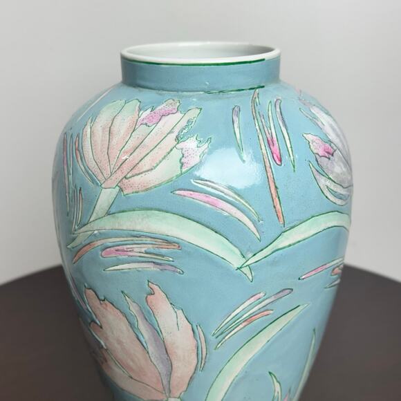 J837 - Light Blue Porcelain Vase With pink Flowers - 10in Tall - Picture 5 of 11